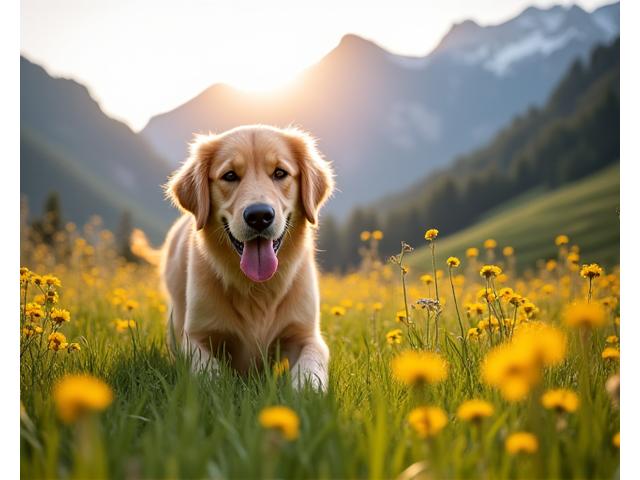 Glücklicher Golden Retriever spielt in einer Schweizer Bergwiese, umgeben von Alpenblumen und Alpen Tiernahrung Futterverpackungen.