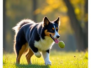Ein aktiver erwachsener Hund apportiert im Wald mit einem Alpen Tiernahrung Adultfutterbeutel im Hintergrund