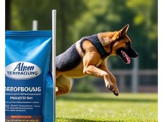 Ein Border Collie springt über ein Hindernis mit Alpen Tiernahrung Sportfutter