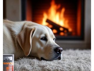 Ein ruhiger, älterer Hund ruht am Kamin mit einem Alpen Tiernahrung Seniorfutterbeutel daneben