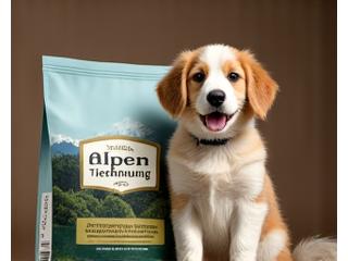 Fröhlicher Welpe mit einem Alpen Tiernahrung Welpenfutterbeutel