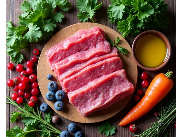Vielfalt von frischen, natürlichen Zutaten: Gemüse, Kräuter, Fleischstücke und Beeren, arrangiert auf einem Holztisch, im Hintergrund sanfte Schweizer Alpen
