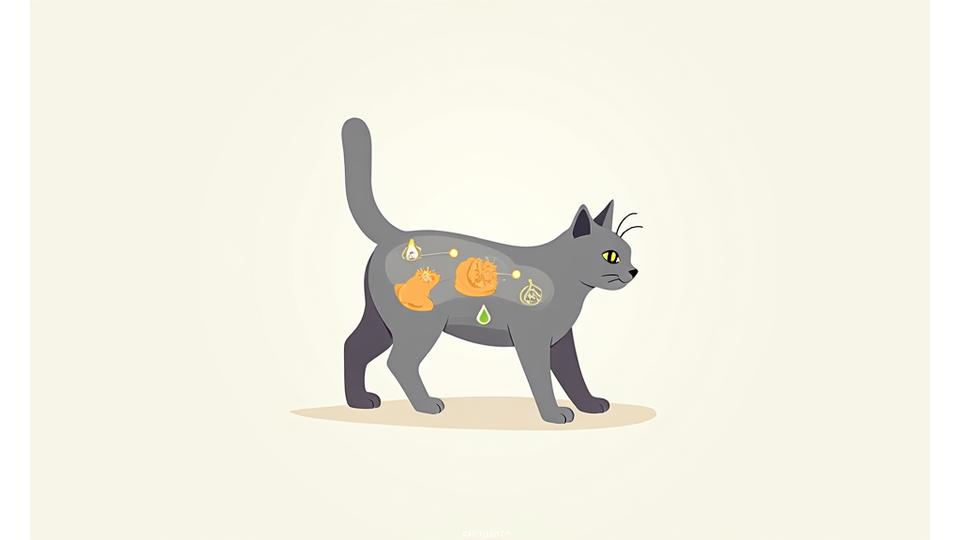 Interaktive Körper-Map einer Katze mit Hervorhebungen für Nieren, Fell und Verdauungssystem.