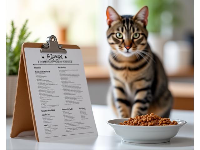 Katze vor einem Futterplan auf einer Küchenarbeitsplatte.