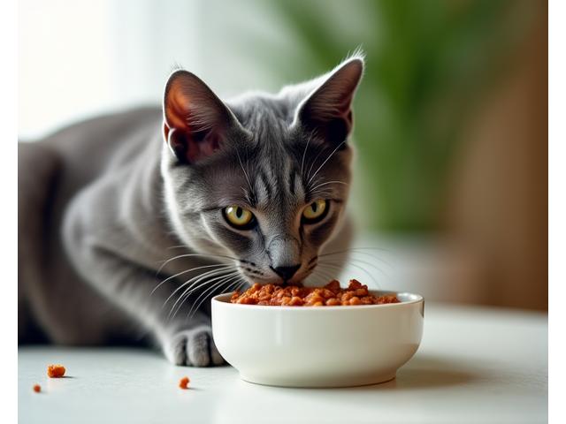 Zufriedene Katze frisst Alpen Tiernahrung Premium-Nassfutter aus einem Napf.