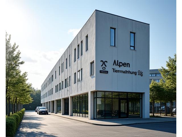Modernes Bürogebäude der Alpen Tiernahrung AG in Bern mit Schweizer Flagge