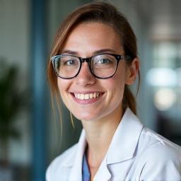 Porträt von Dr. Maria Keller, junge Frau mit Brille und freundlichem Lächeln