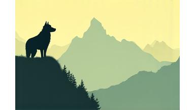 Stilisierte Silhouette eines Hundes vor Schweizer Alpenpanorama