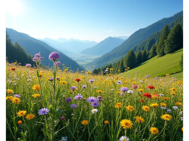 Eine grosse, artenreiche Blühwiese in den Schweizer Bergen mit verschiedenen bunten Blumen und Bienen. Im Hintergrund sind sanfte Hügel und ein Wald zu sehen.