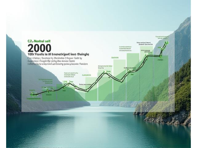 Infografik zur CO2-Bilanz mit einem stilisierten Diagramm, das die Reduzierung von Emissionen durch erneuerbare Energien und Kompensation seit 2020 darstellt. Im Hintergrund ist eine Schweizer Wasserkraftanlage zu sehen.