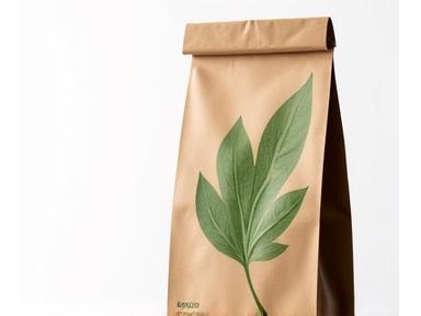 Biologisch abbaubare Verpackung für Tiernahrung, hergestellt aus Naturfasern, mit einem grünen Blatt-Symbol.