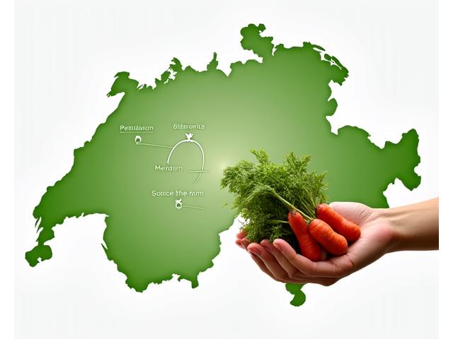 Interaktive Karte der Schweiz mit grünen Markern für Lieferanten-Standorte und kurzen Transportrouten um Bern. Eine Hand hält ein frisches, regionales Schweizer Gemüse fest.