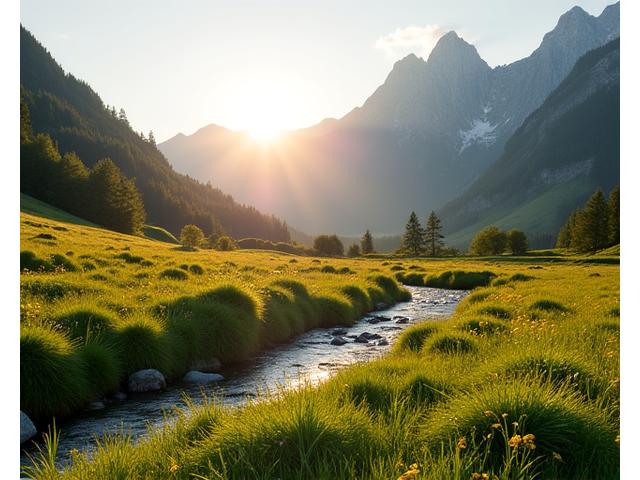 Majestätische Schweizer Alpenlandschaft mit einem grünen Öko-Siegel. Ein kleiner Bach fliesst durch eine Blumenwiese. Zeigt unser Commitment zu umweltfreundlicher Tiernahrung und CO2-Neutralität.
