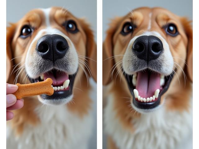 Nahaufnahme von Hundezähnen vor und nach der Reinigung mit Zahnpflege-Snacks.
