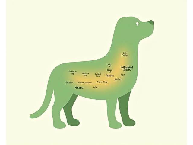 Infografik des Verdauungstrakts eines Haustieres mit hervorgehobenen Wirkbereichen der Nahrungsergänzung.