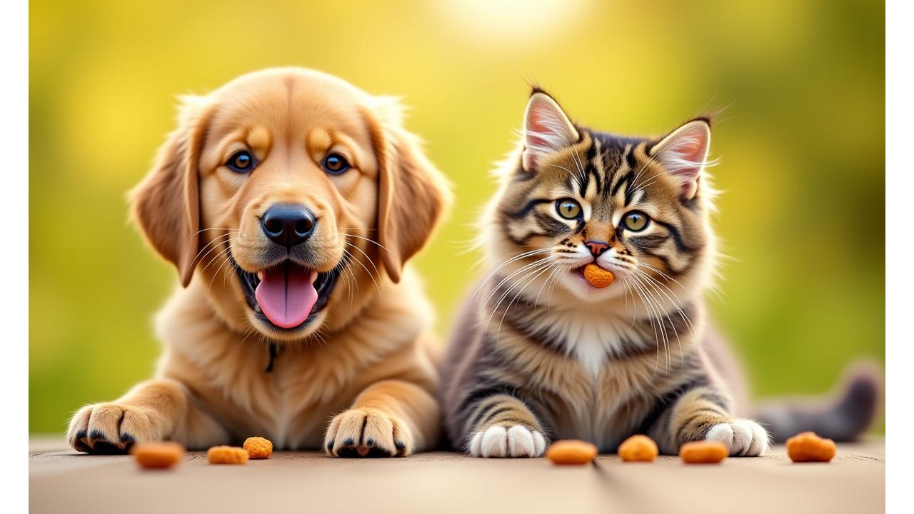 Glückliche Hunde und Katzen, die genussvoll funktionelle Snacks fressen.