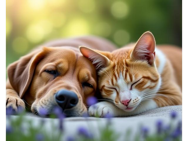 Ein Katze und ein Hund entspannt nebeneinander liegend, umgeben von beruhigenden Kräutern.