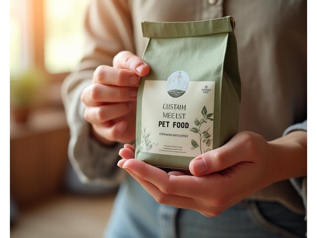 Hand hält eine Tierfutterverpackung mit individuellem Design