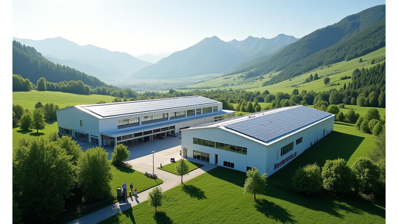 Luftaufnahme der modernen Alpen Tiernahrung AG Produktionsanlage in Bern, umgeben von grünen Feldern und Bergen.