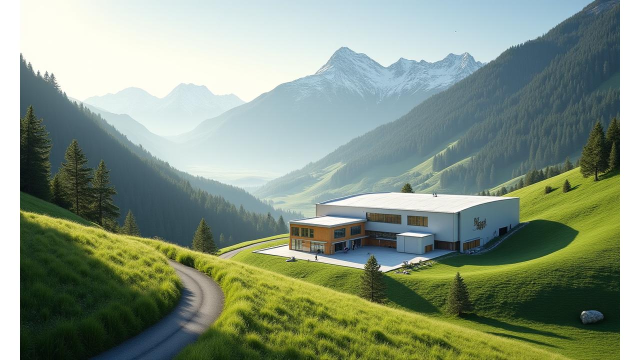 Ein idyllisches Bild der Alpen Tiernahrung AG Produktionsstätte in Bern, eingebettet in eine grüne Schweizer Berglandschaft bei Sonnenaufgang, vermittelt Tradition und Moderne.