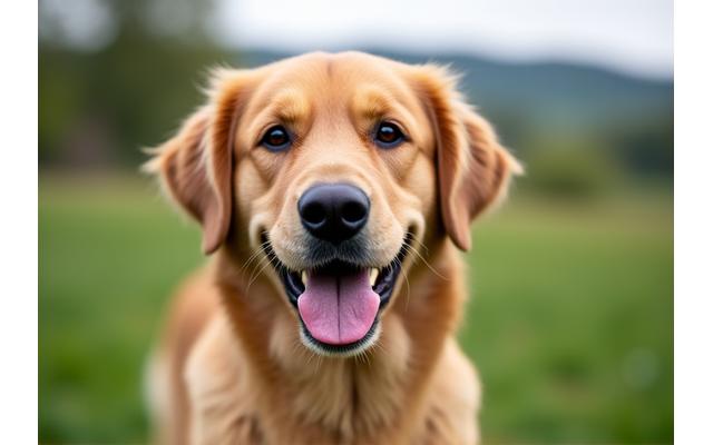Ein Golden Retriever mit sanftem Blick, der aufmerksam in die Kamera schaut, deutet auf einen gesunden, gut ernährten Zustand.