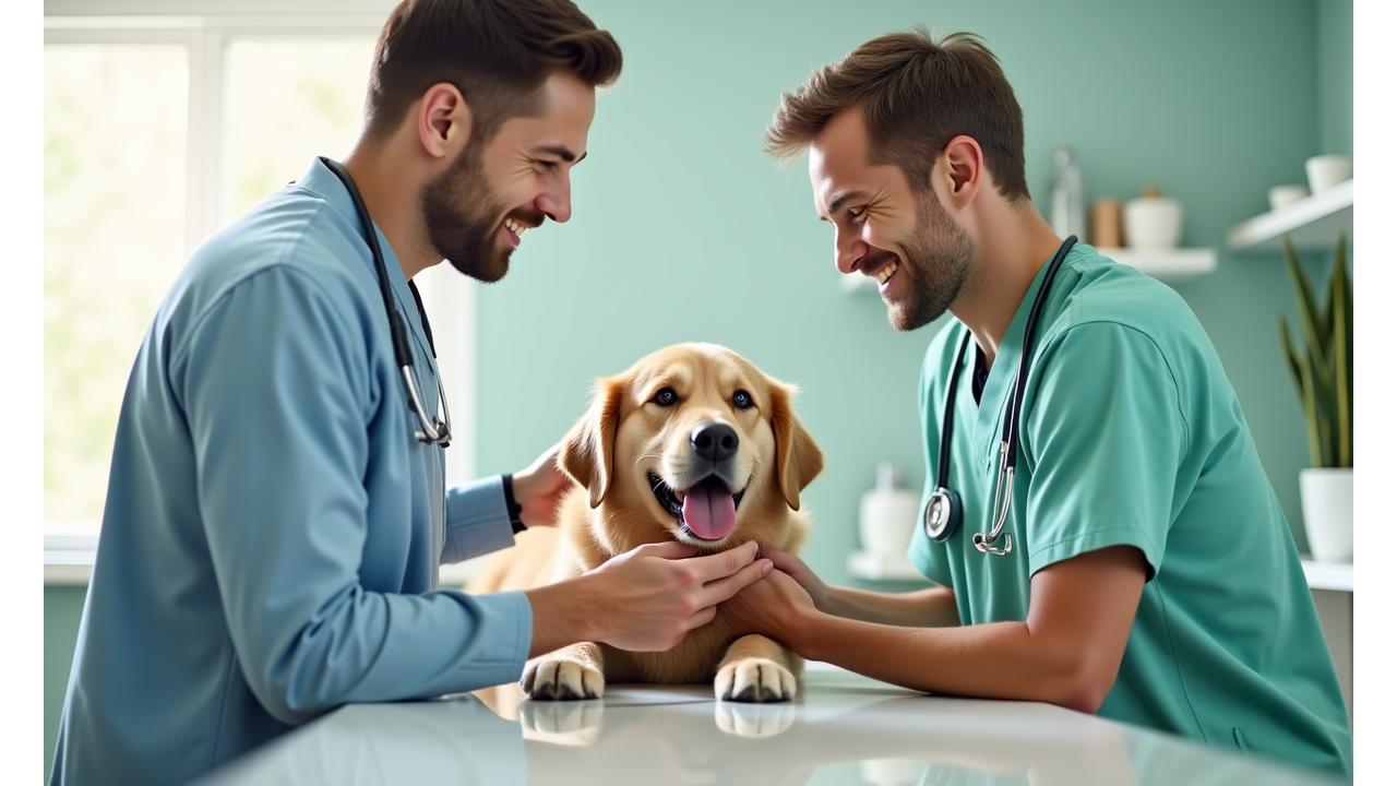 Tierarzt untersucht einen gesunden Hund im hellen Sprechzimmer, während der Besitzer danebensteht und lächelt.