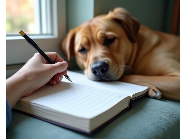 Ein Tierbesitzer notiert Beobachtungen in einem Notizbuch neben seinem Hund.